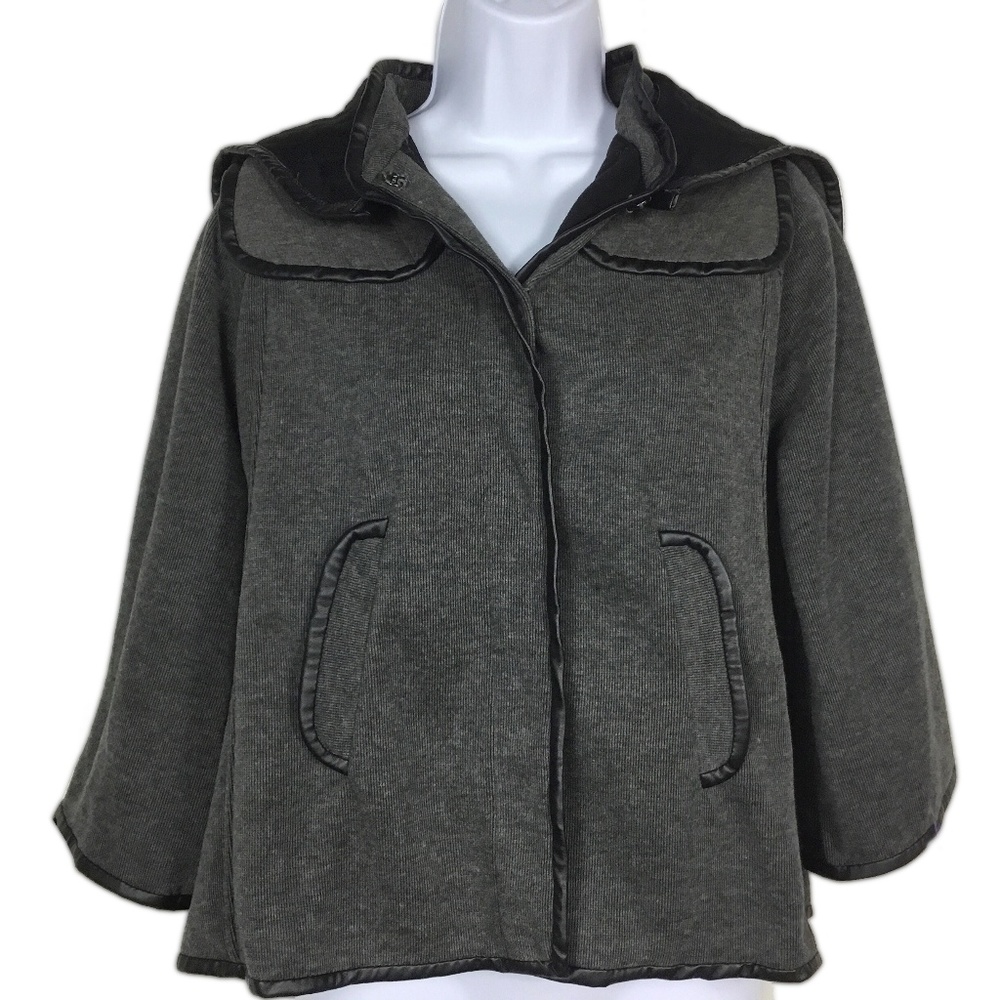Short Gray Jacket Removable Hood Faux Leather Trim
